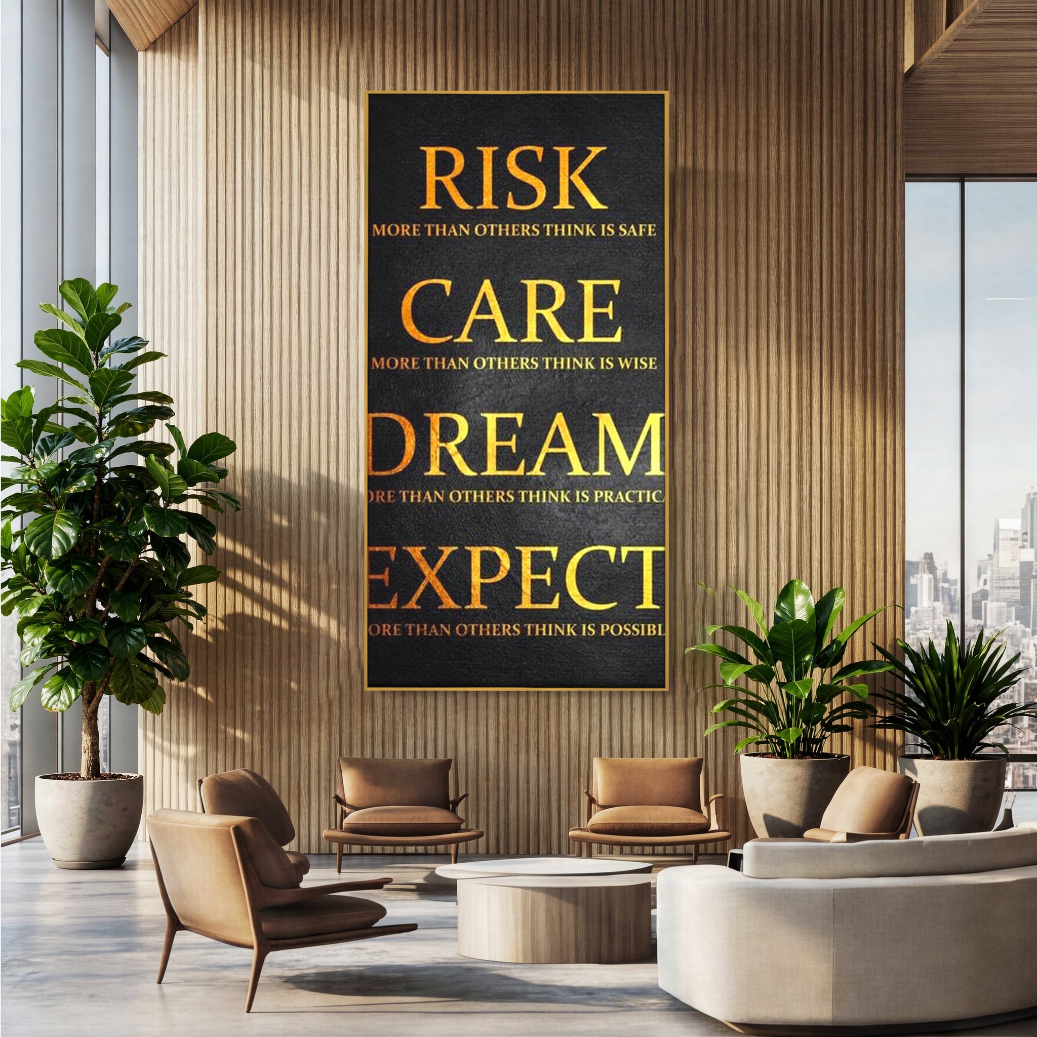 Tablou canvas cu tablou canvas cu citat motivational, in rama de aluminiu auriu, pe perete intr-un birou